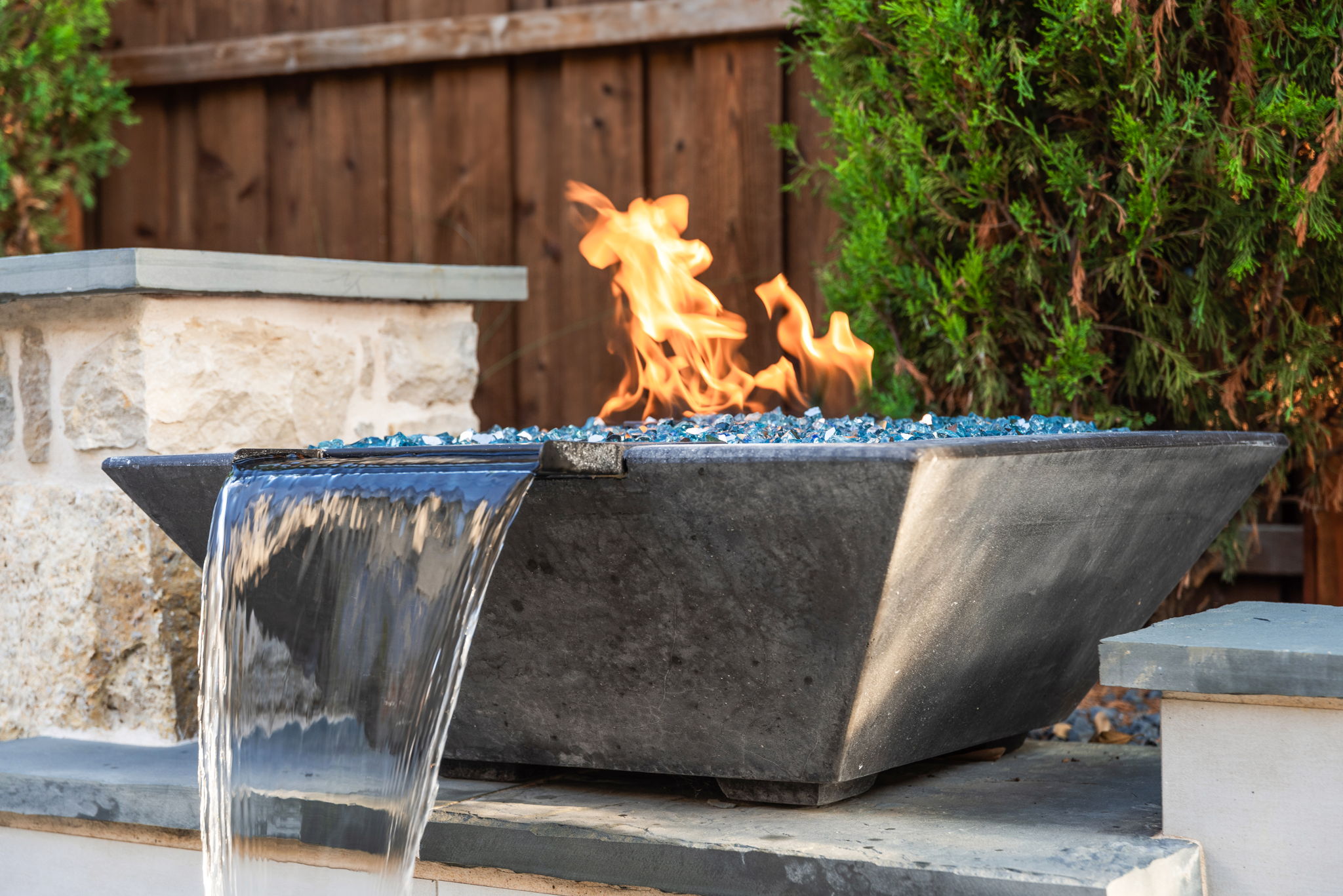 Swimming pool water and fire bowl